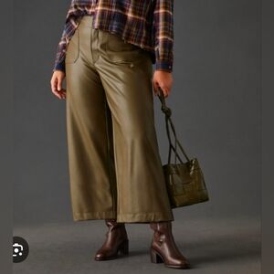 Anthropologie Maeve 26W The Colette Wide-Leg Faux Leather Pants Crop 24 Moss NWT
